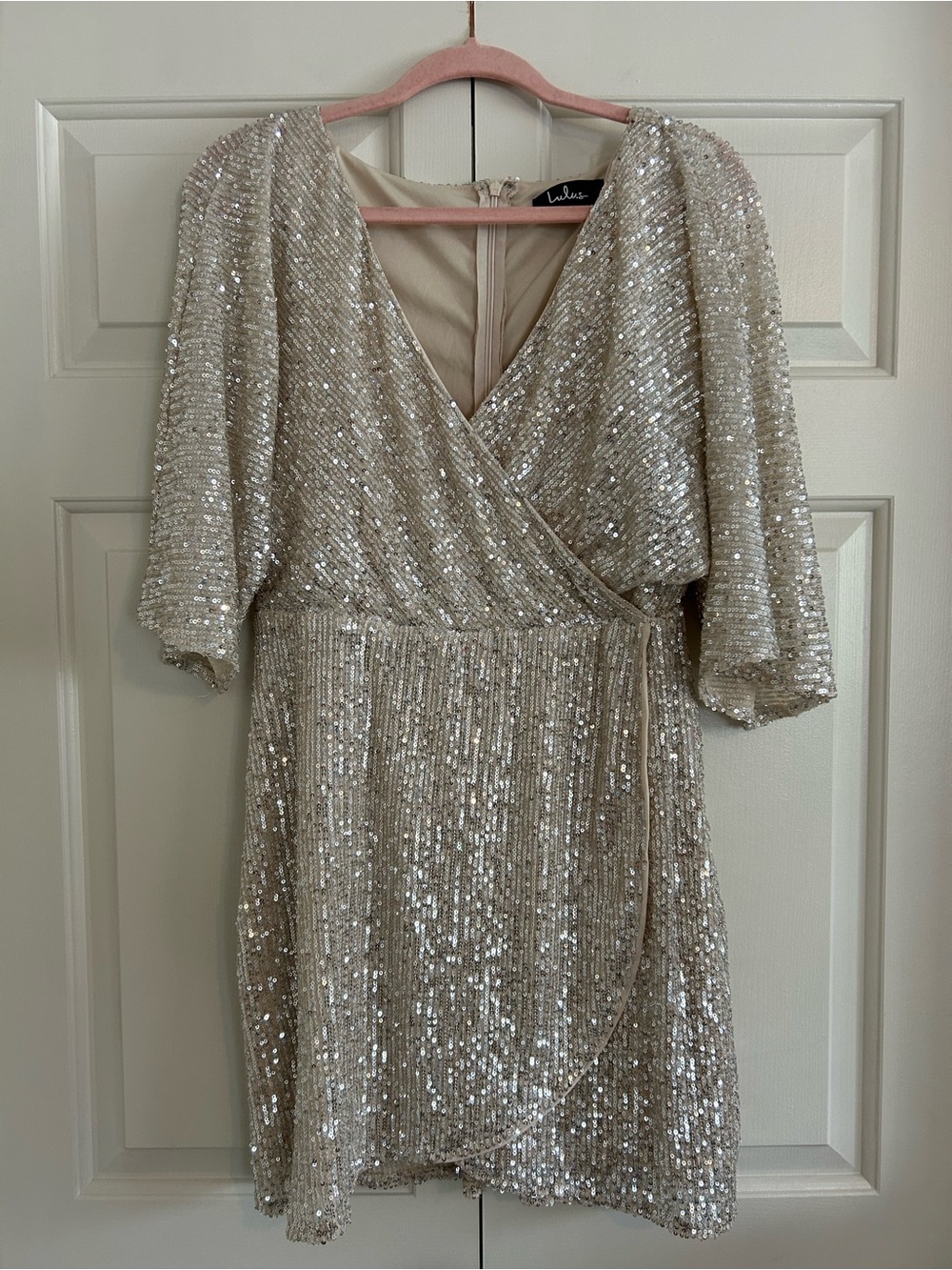 Lulu's Weekender Champagne Sequin Faux Wrap Mini Dress Med. Disco Holiday Gatsby